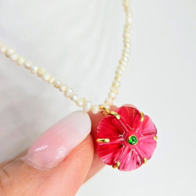 "Mon Petit Fleur" 16" - 18" Necklace - Carved Gem Flowers, Petit Pearls, 18k Gold Sterling