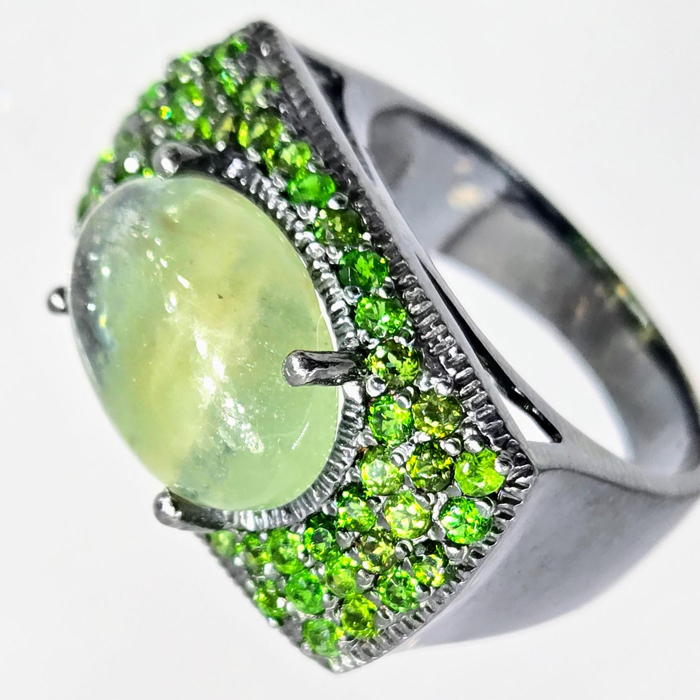 "Night Garden" Sz 8.5 Ring - Prehnite, Chrome Diopside, Black Sterling