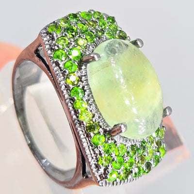 "Night Garden" Sz 8.5 Ring - Prehnite, Chrome Diopside, Black Sterling