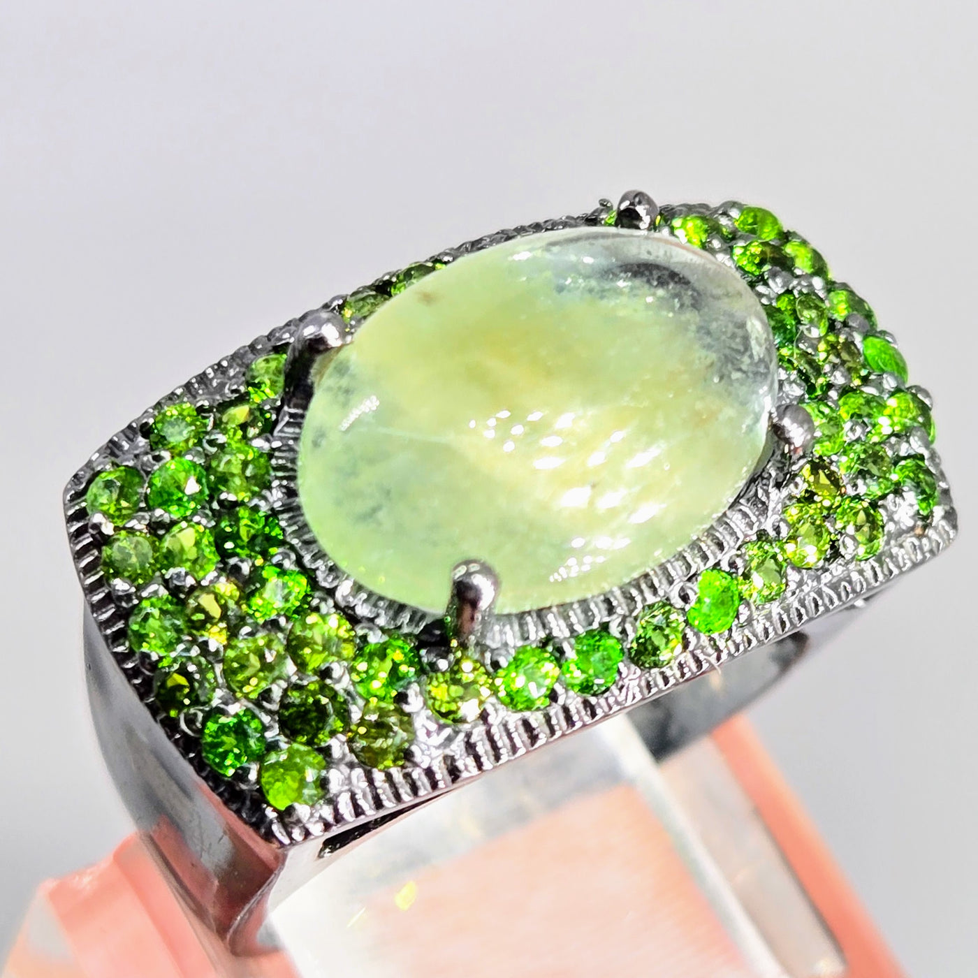"Night Garden" Sz 8.5 Ring - Prehnite, Chrome Diopside, Black Sterling