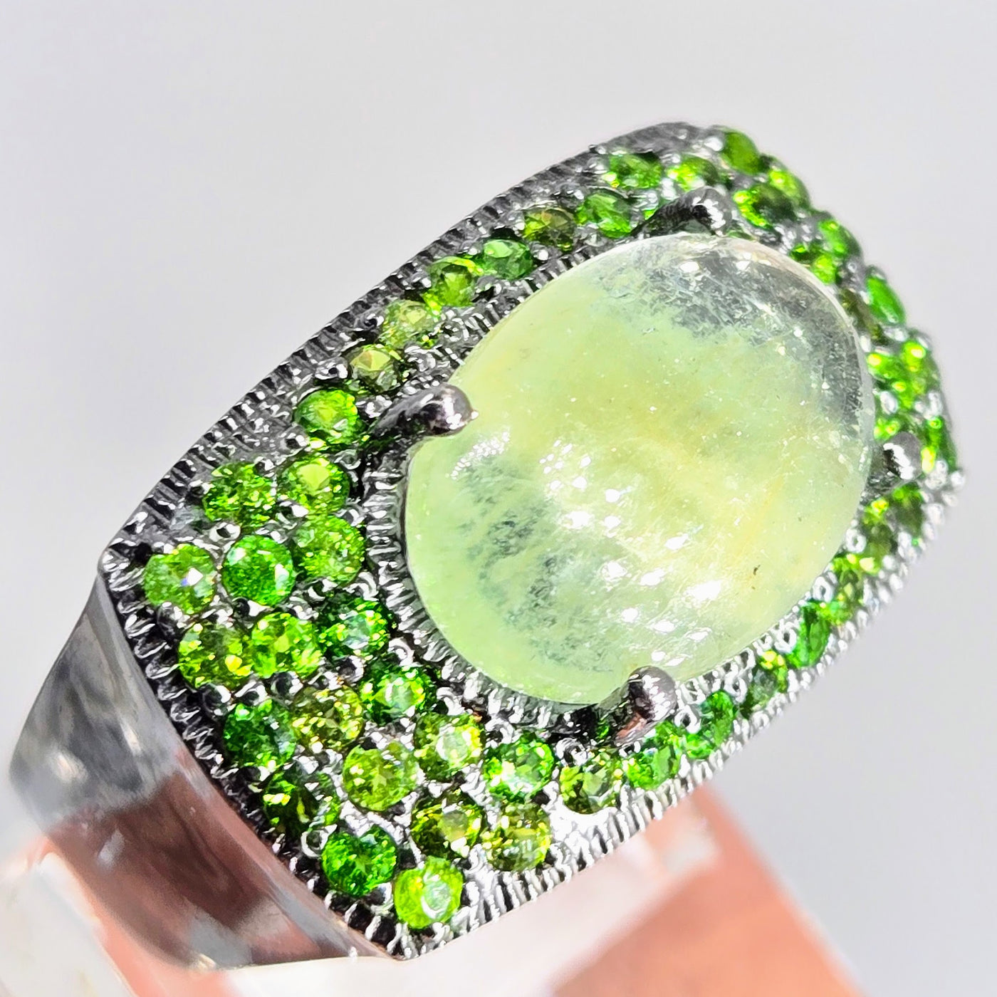 "Night Garden" Sz 8.5 Ring - Prehnite, Chrome Diopside, Black Sterling