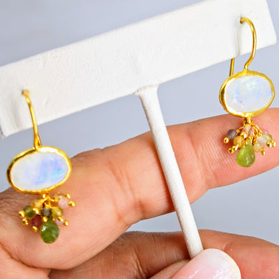 "Bloom" 1.25" Earrings - Amethyst, Labradorite, Chalcedony or Moonstone with Tourmaline, 18k Gold Sterling