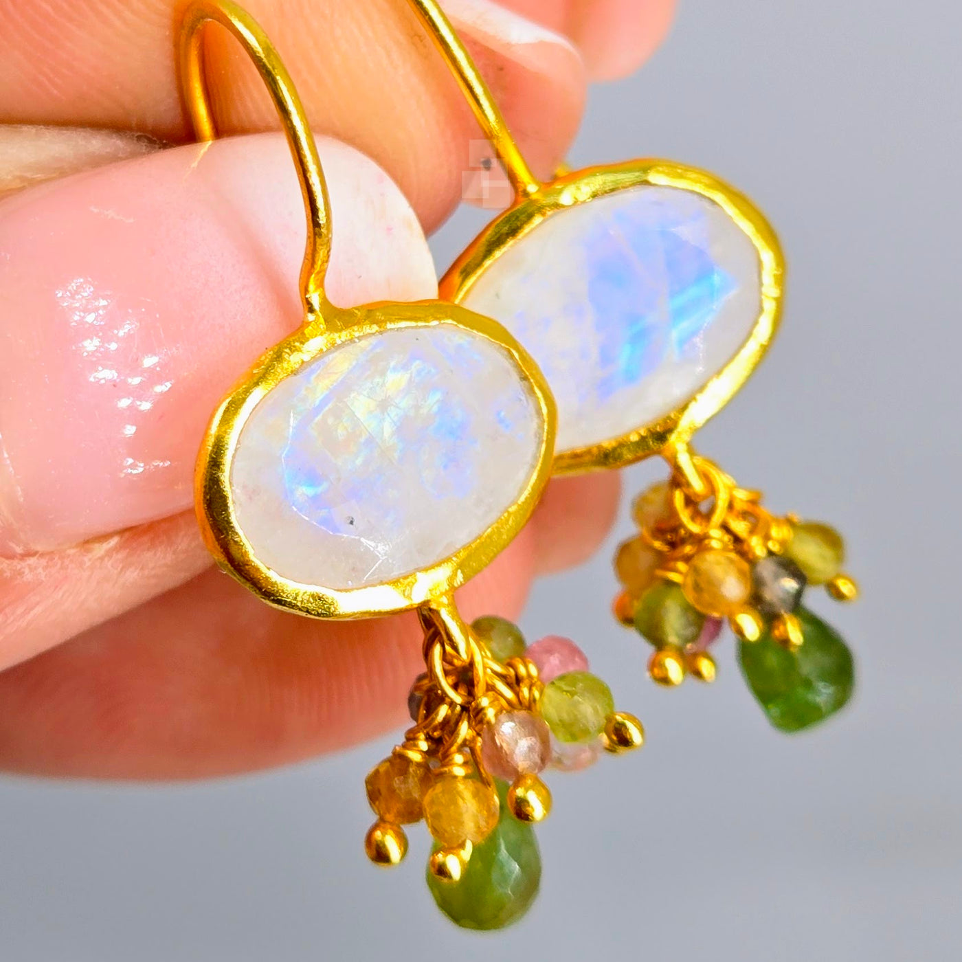 "Bloom" 1.25" Earrings - Amethyst, Labradorite, Chalcedony or Moonstone with Tourmaline, 18k Gold Sterling