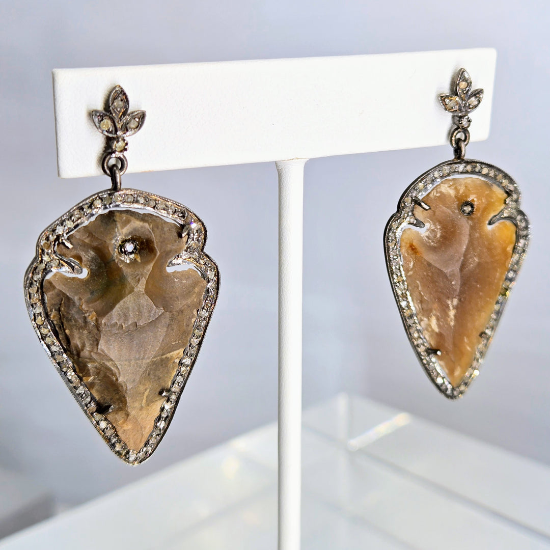"Lady-Killers" 2" Earrings - Arrowheads, Diamonds, Oxidized Sterling