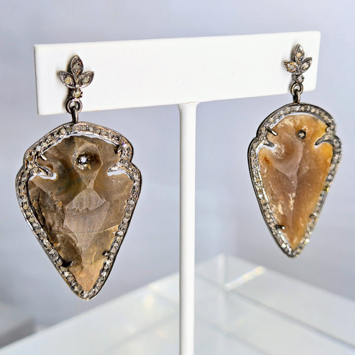 "Lady-Killers" 2" Earrings - Arrowheads, Diamonds, Oxidized Sterling