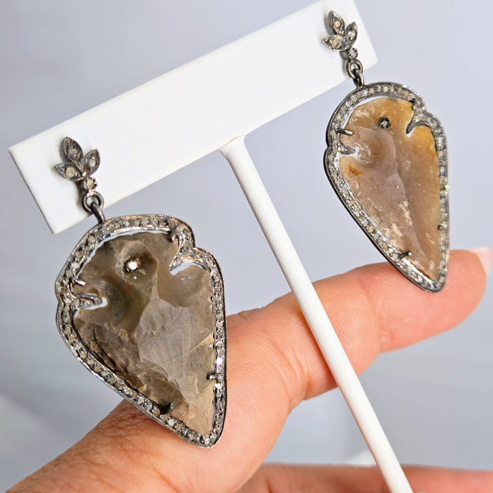 "Lady-Killers" 2" Earrings - Arrowheads, Diamonds, Oxidized Sterling
