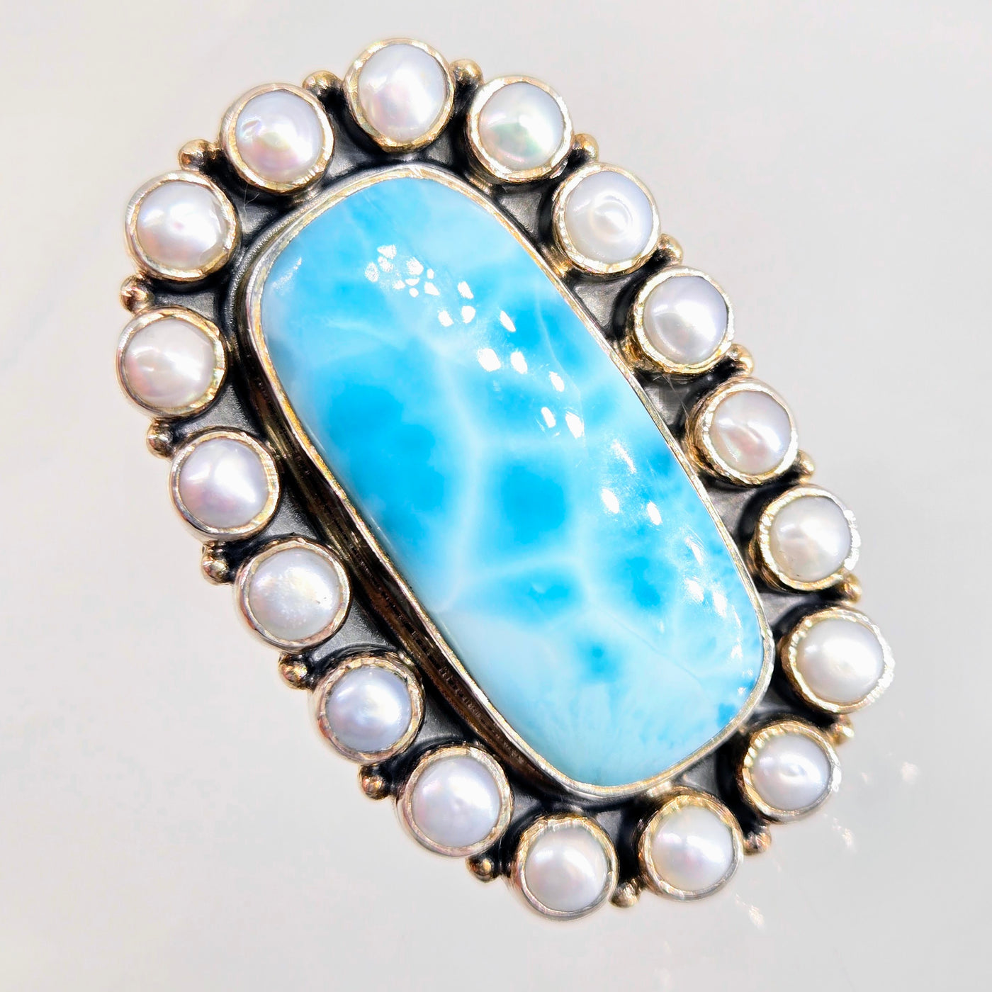 "The Wave" Adj. Sz Ring - Larimar, Pearls, Sterling
