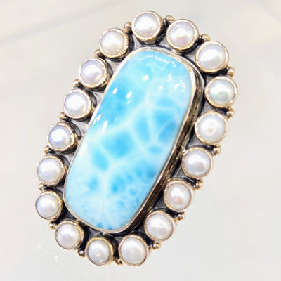 "The Wave" Adj. Sz Ring - Larimar, Pearls, Sterling