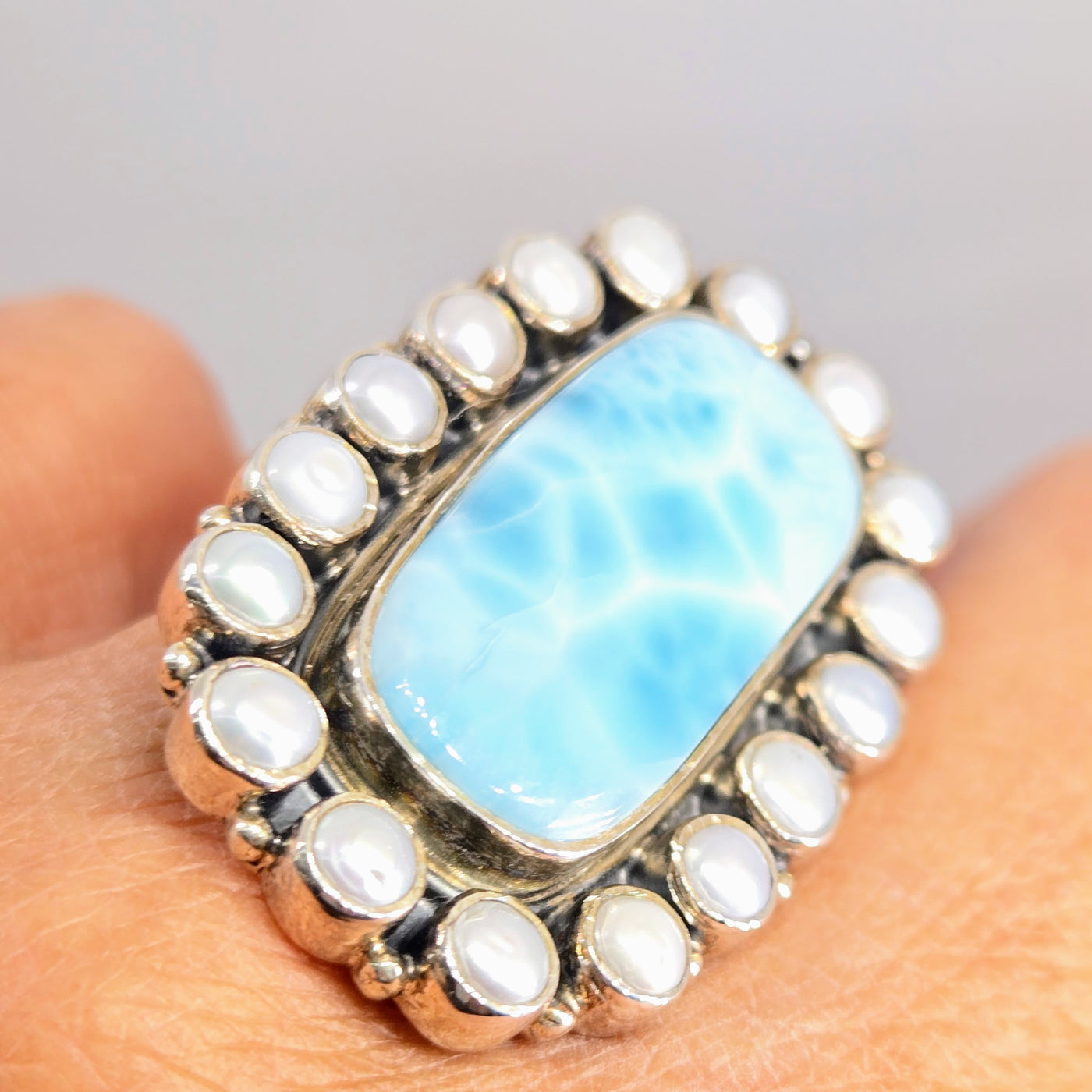 "The Wave" Adj. Sz Ring - Larimar, Pearls, Sterling