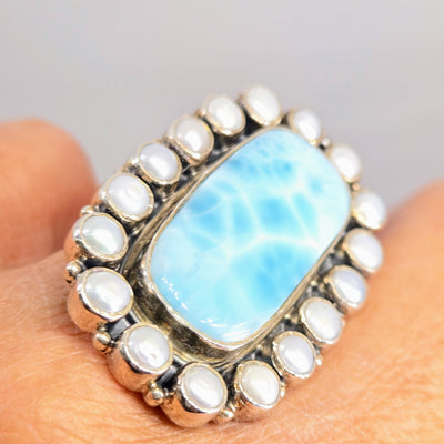 "The Wave" Adj. Sz Ring - Larimar, Pearls, Sterling