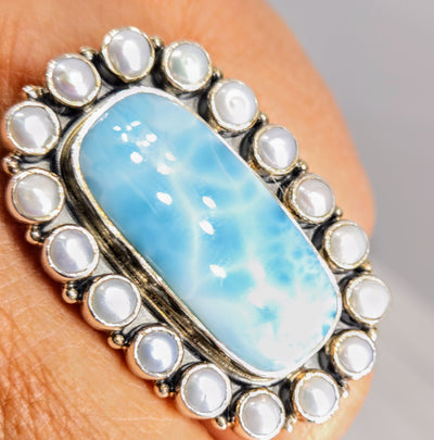 "The Wave" Adj. Sz Ring - Larimar, Pearls, Sterling