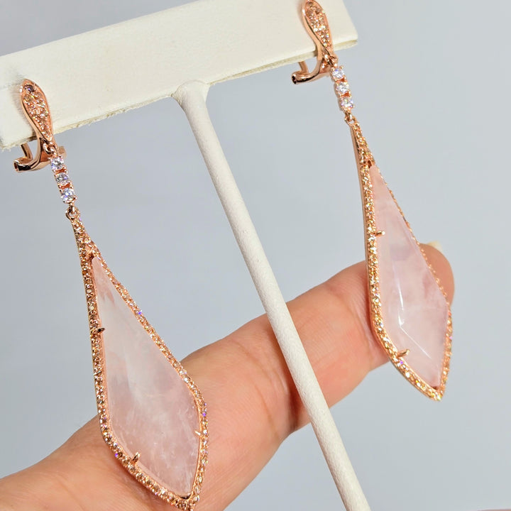 "Pink Martini" 2.75" Earrings - Rose Quartz, Topaz, 18k Rose Gold Sterling