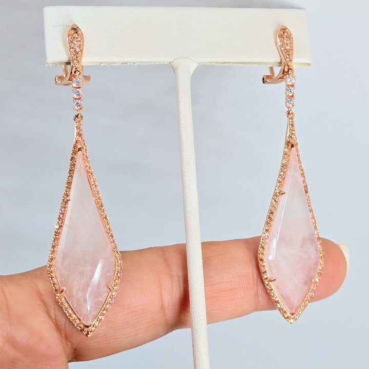 "Pink Martini" 2.75" Earrings - Rose Quartz, Topaz, 18k Rose Gold Sterling