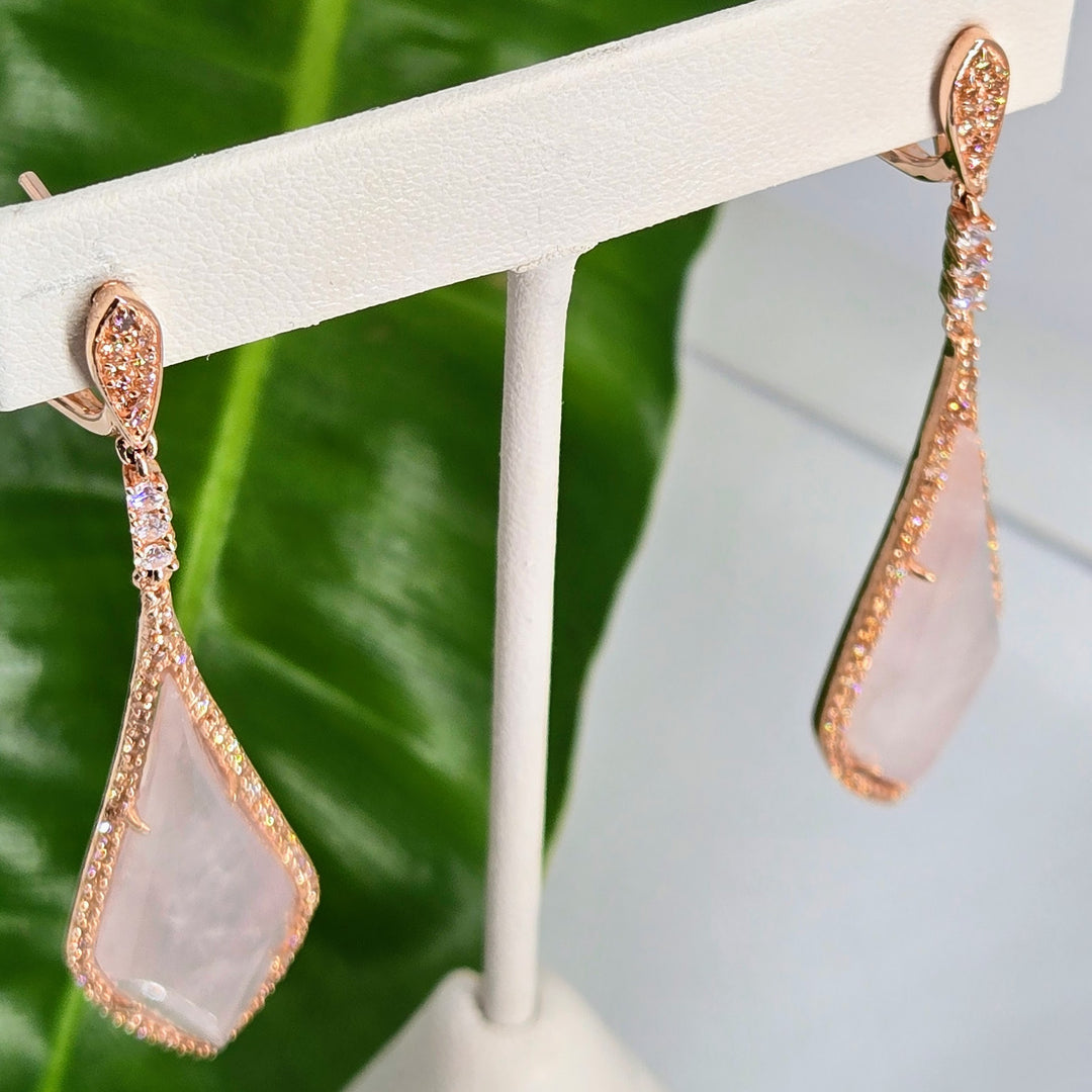 "Pink Martini" 2.75" Earrings - Rose Quartz, Topaz, 18k Rose Gold Sterling