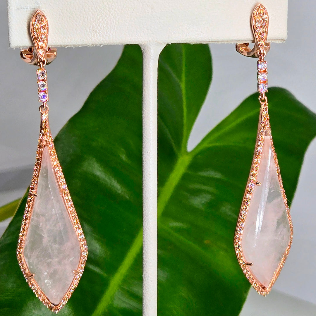 "Pink Martini" 2.75" Earrings - Rose Quartz, Topaz, 18k Rose Gold Sterling