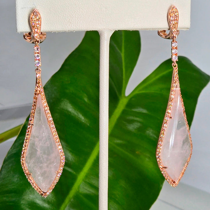 "Pink Martini" 2.75" Earrings - Rose Quartz, Topaz, 18k Rose Gold Sterling