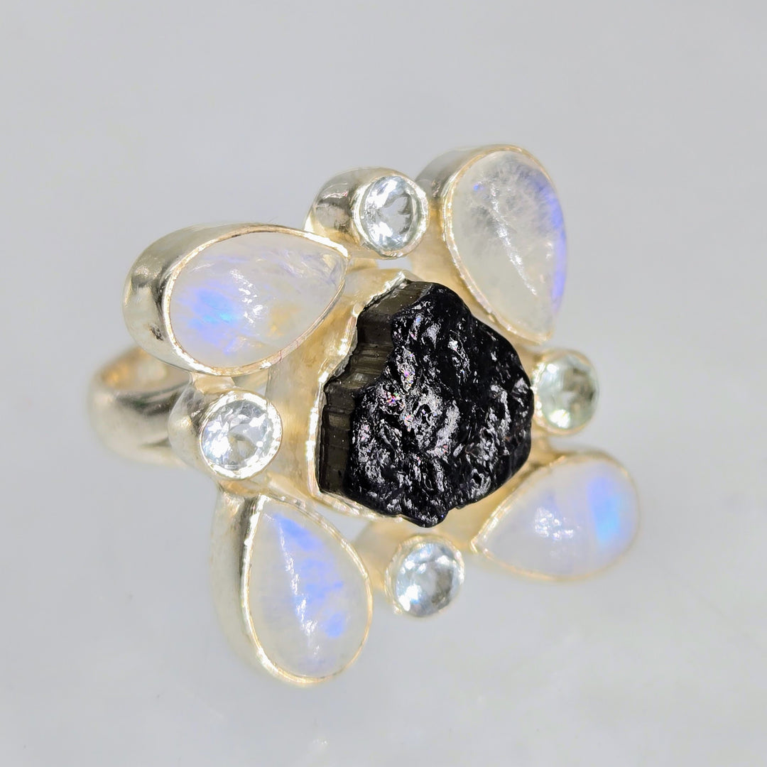 "Many Moons" (Raw) Sz 7.5 Ring - Moonstone, Topaz, Tourmaline, Sterling