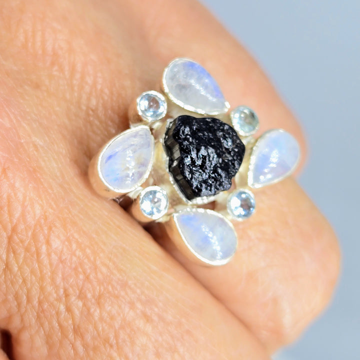 "Many Moons" (Raw) Sz 7.5 Ring - Moonstone, Topaz, Tourmaline, Sterling