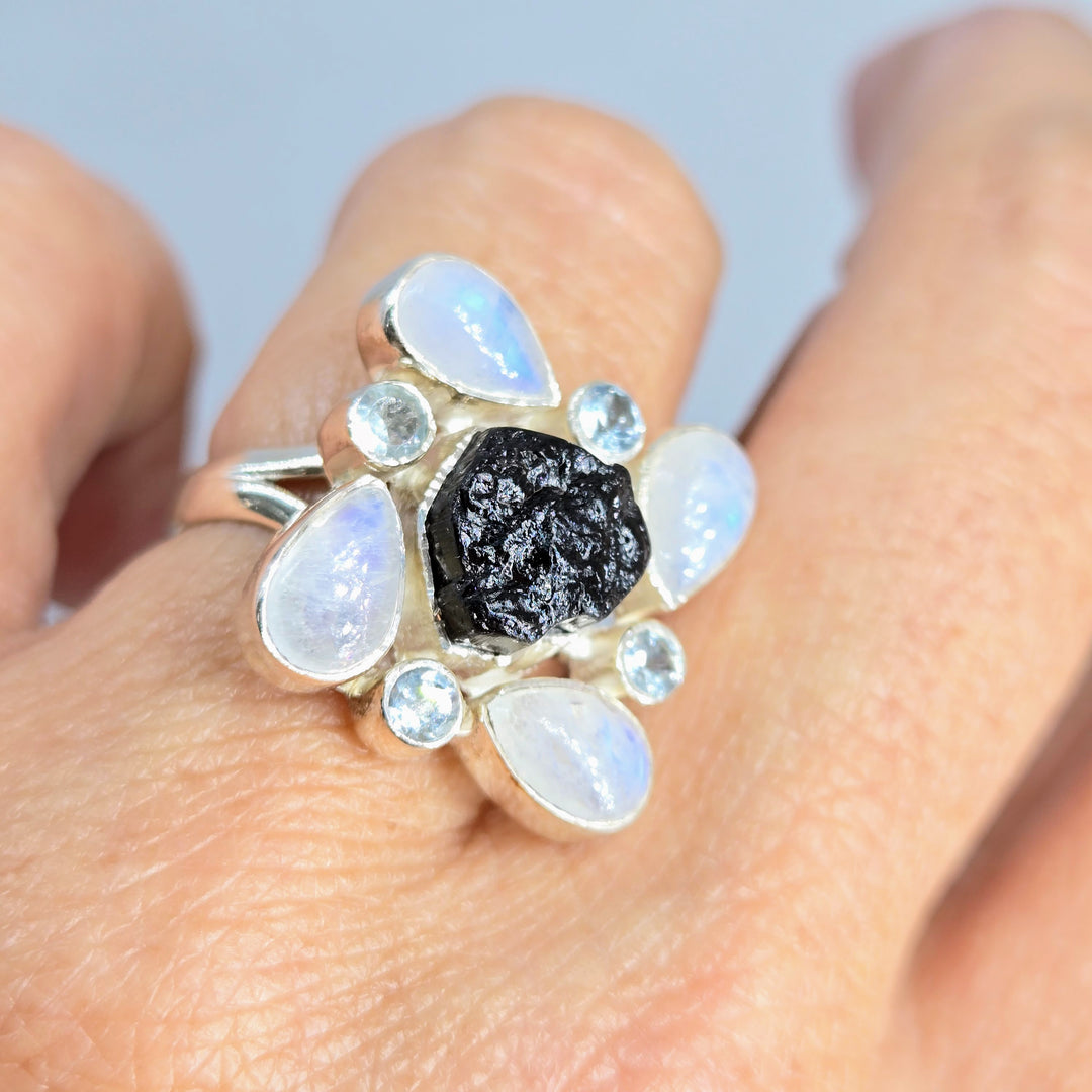 "Many Moons" (Raw) Sz 7.5 Ring - Moonstone, Topaz, Tourmaline, Sterling