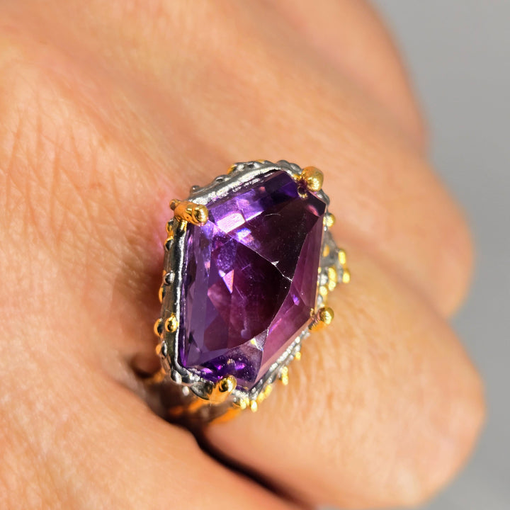 "Imperial" Sz 8 Ring - Amethyst, 18k Gold, Black Sterling