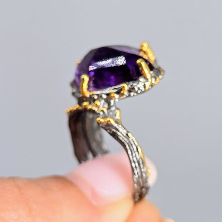 "Imperial" Sz 8 Ring - Amethyst, 18k Gold, Black Sterling