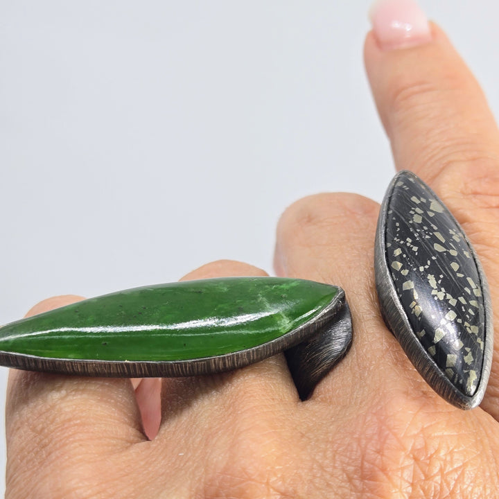 "Space Between" Sz 8.5 Ring - Jade, Matrix Pyrite, Oxidized Sterling