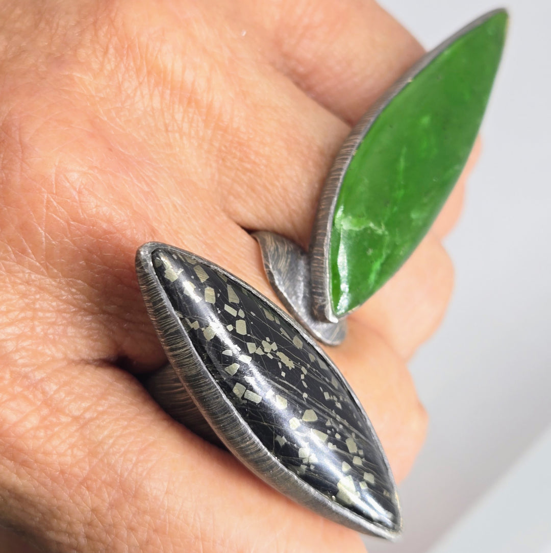 "Space Between" Sz 8.5 Ring - Jade, Matrix Pyrite, Oxidized Sterling