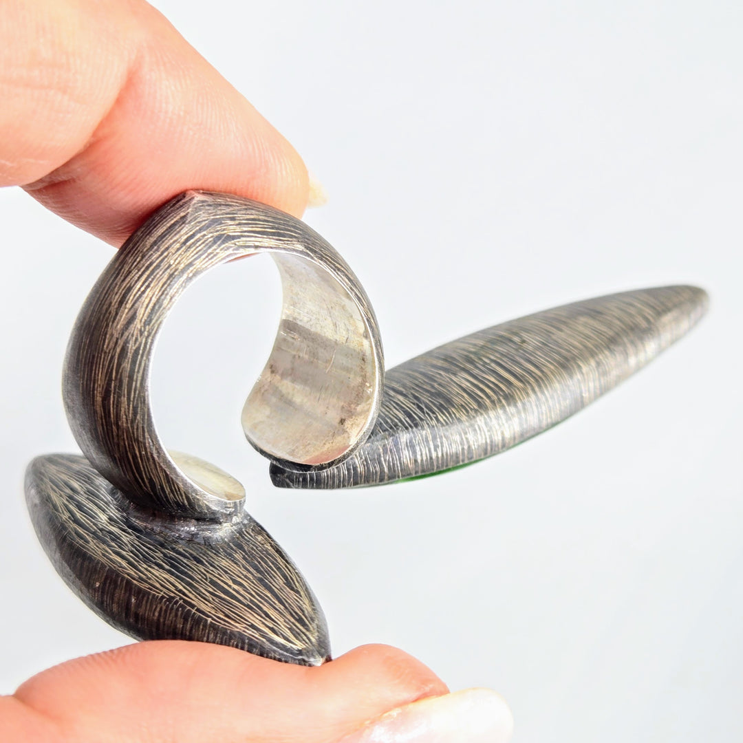 "Space Between" Sz 8.5 Ring - Jade, Matrix Pyrite, Oxidized Sterling