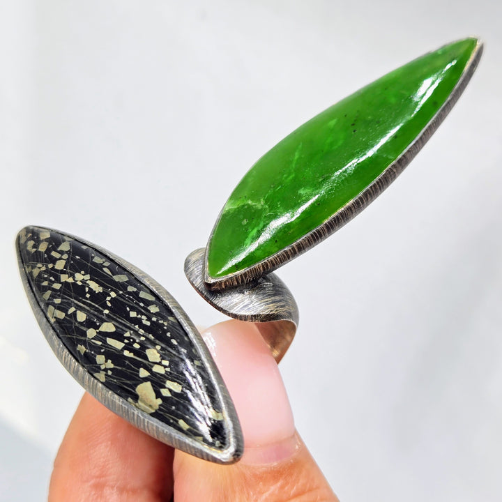 "Space Between" Sz 8.5 Ring - Jade, Matrix Pyrite, Oxidized Sterling