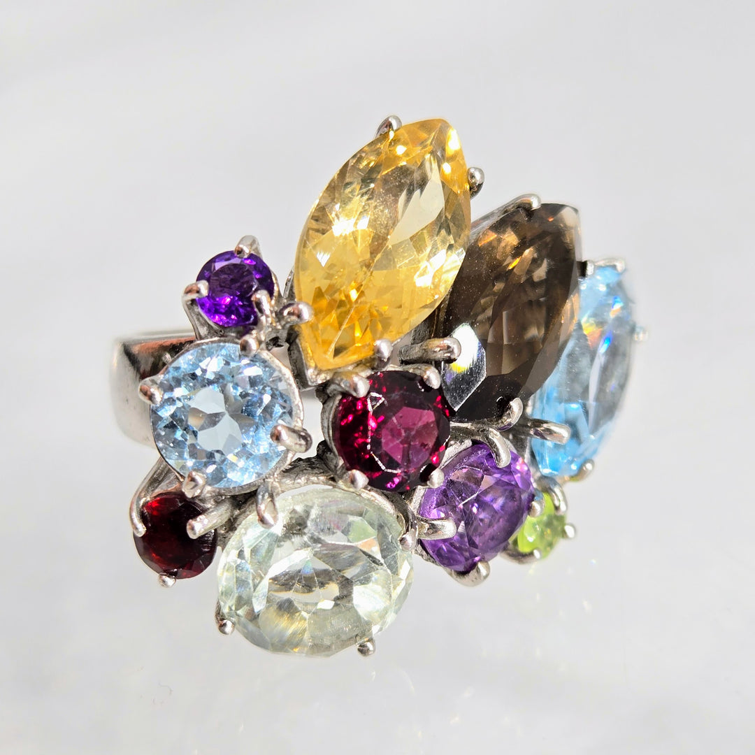 "Mrs. Roper's Other Mumu" Sz 7 Ring - Amethyst. Topaz, Garnet, Smoky Quartz, Citrine, Peridot, Prasiolite, Anti-tarnish Sterling