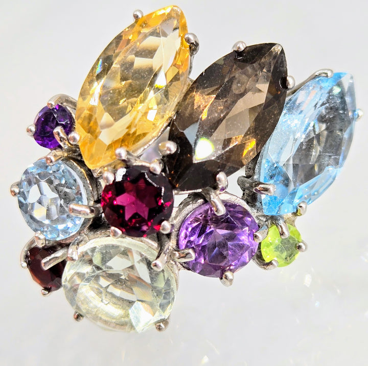 "Mrs. Roper's Other Mumu" Sz 7 Ring - Amethyst. Topaz, Garnet, Smoky Quartz, Citrine, Peridot, Prasiolite, Anti-tarnish Sterling