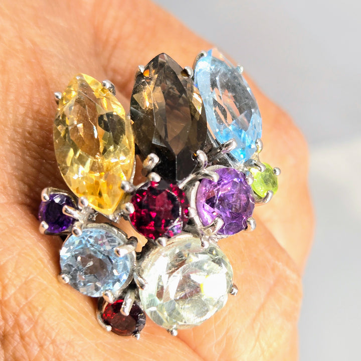 "Mrs. Roper's Other Mumu" Sz 7 Ring - Amethyst. Topaz, Garnet, Smoky Quartz, Citrine, Peridot, Prasiolite, Anti-tarnish Sterling