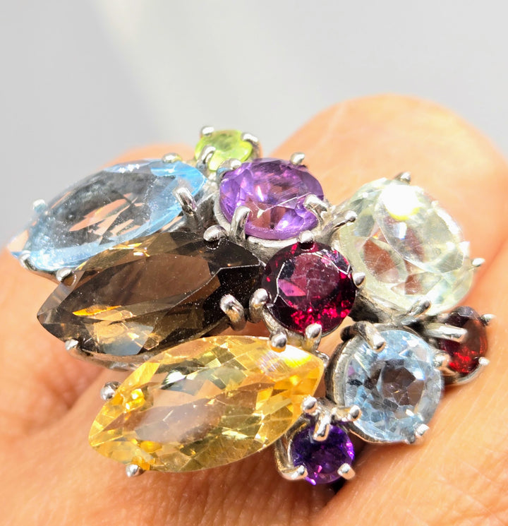 "Mrs. Roper's Other Mumu" Sz 7 Ring - Amethyst. Topaz, Garnet, Smoky Quartz, Citrine, Peridot, Prasiolite, Anti-tarnish Sterling