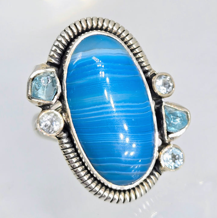 "Shooby Dooby-BLUE!" Sz 7.75 Ring - Agate, Topaz, Apatite, Sterling