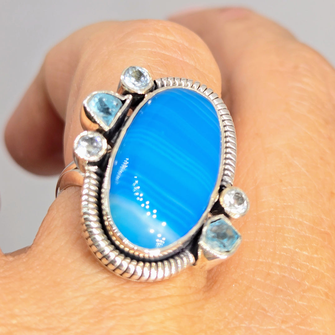 "Shooby Dooby-BLUE!" Sz 7.75 Ring - Agate, Topaz, Apatite, Sterling