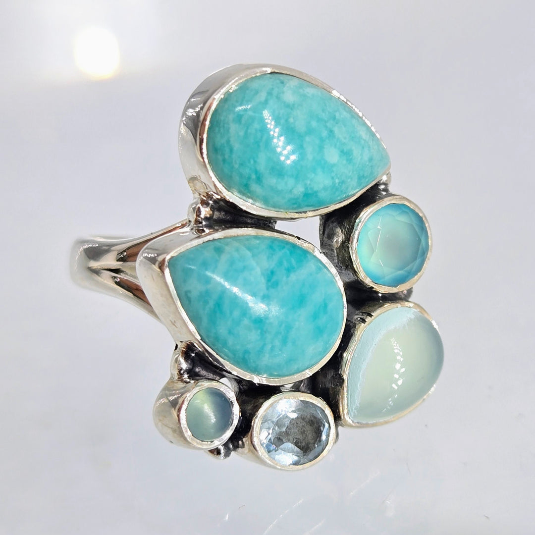 "Bubbling Seafoam" Sz 7 Ring -Amazonite, Chalcedony, Topaz, Sterling