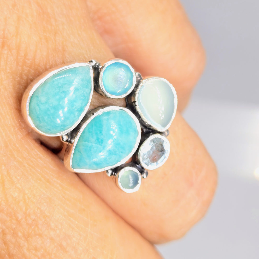 "Bubbling Seafoam" Sz 7 Ring -Amazonite, Chalcedony, Topaz, Sterling