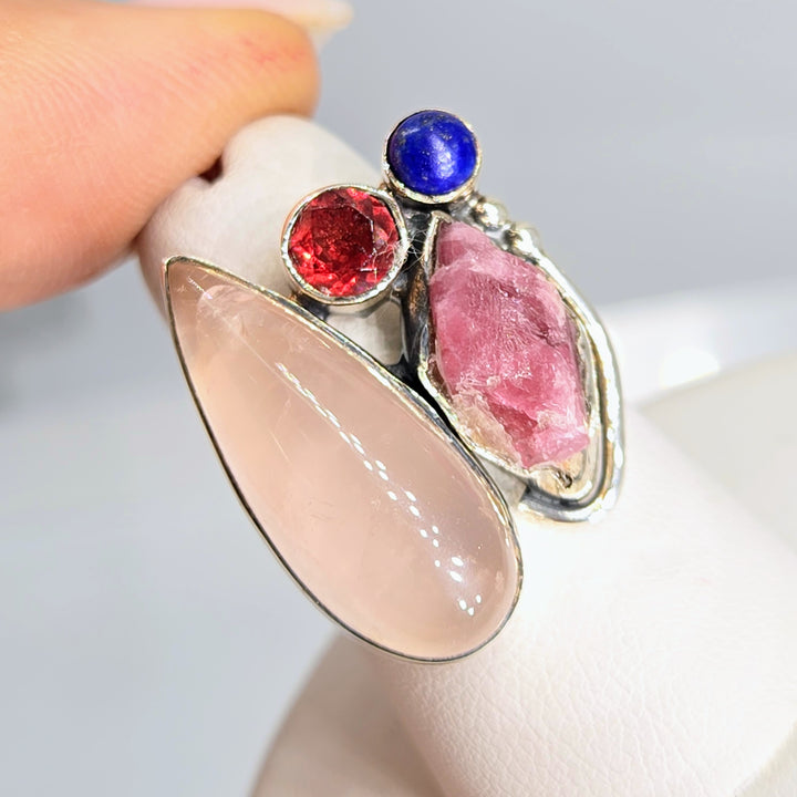 "Berry Soda" Sz 7 Ring -Rose Quartz, Garnet, Ruby, Lapis, Sterling