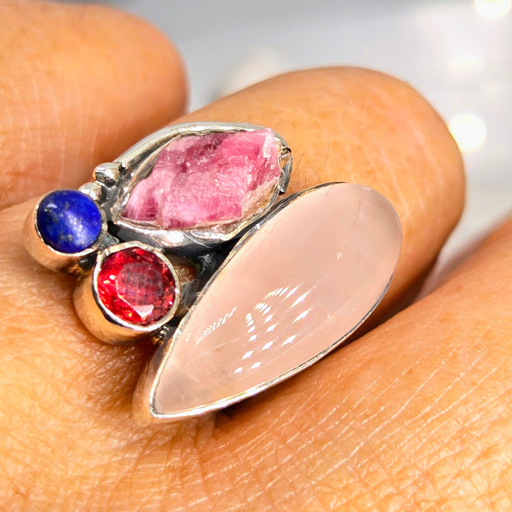 "Berry Soda" Sz 7 Ring -Rose Quartz, Garnet, Ruby, Lapis, Sterling