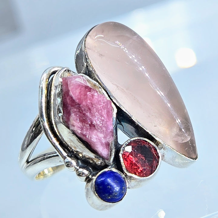 "Berry Soda" Sz 7 Ring -Rose Quartz, Garnet, Ruby, Lapis, Sterling