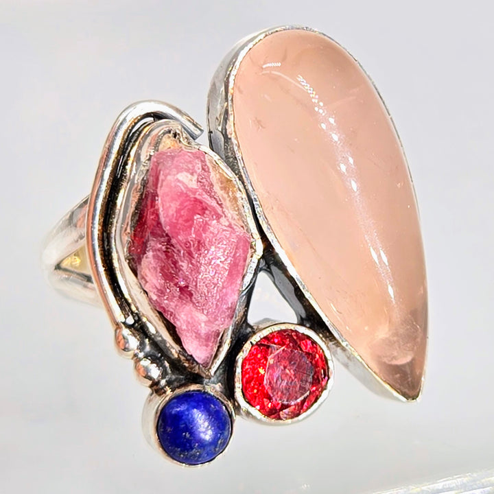 "Berry Soda" Sz 7 Ring -Rose Quartz, Garnet, Ruby, Lapis, Sterling