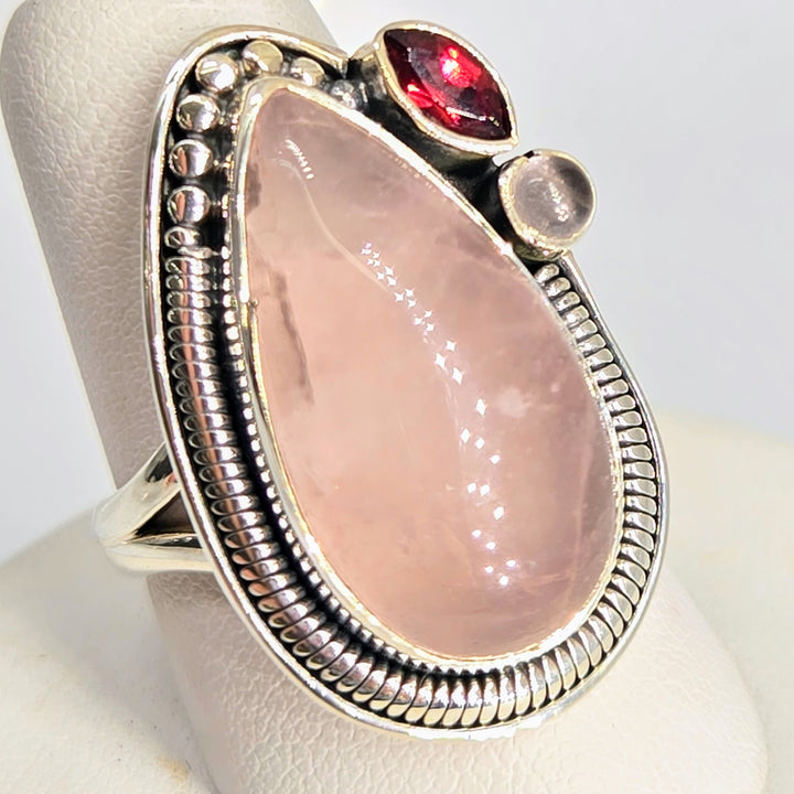 "LOVE Is The Answer" Sz 7.75 Ring -Rose Quartz, Garnet, Moonstone, Sterling