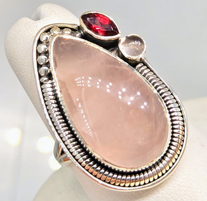 "LOVE Is The Answer" Sz 7.75 Ring -Rose Quartz, Garnet, Moonstone, Sterling