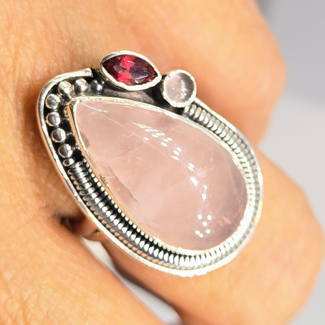 "LOVE Is The Answer" Sz 7.75 Ring -Rose Quartz, Garnet, Moonstone, Sterling