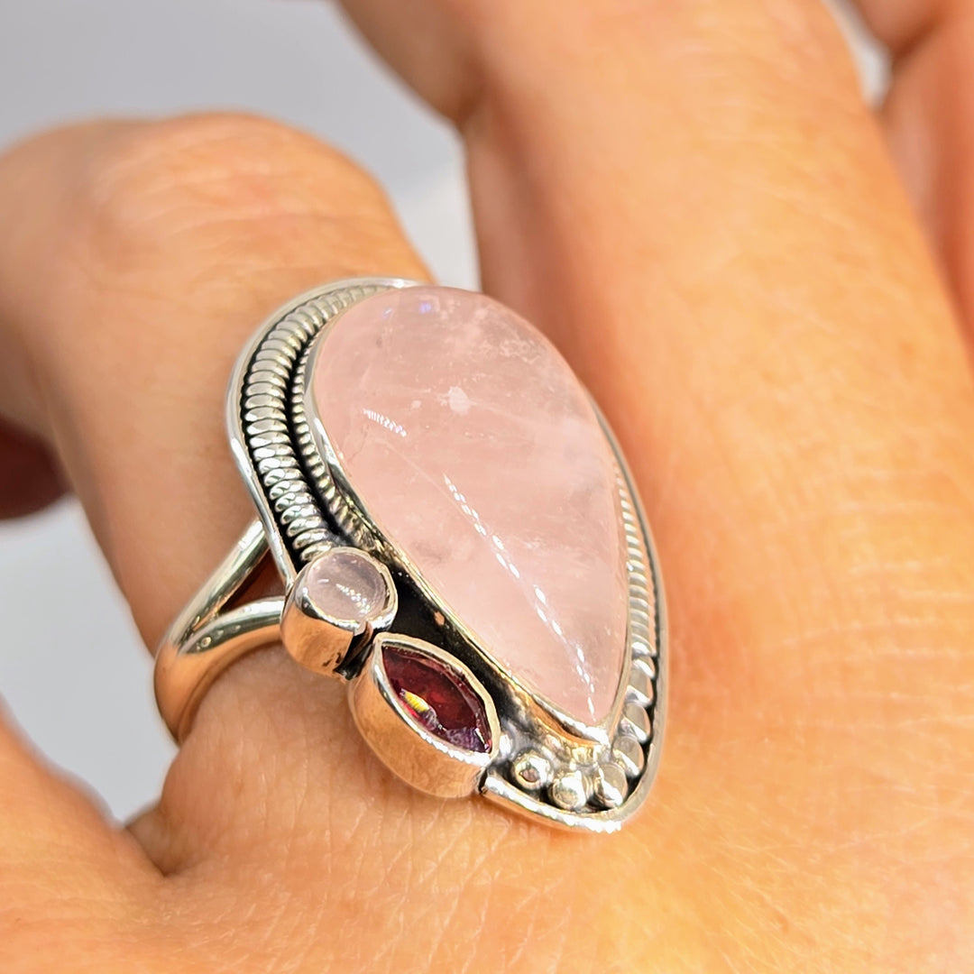 "LOVE Is The Answer" Sz 7.75 Ring -Rose Quartz, Garnet, Moonstone, Sterling