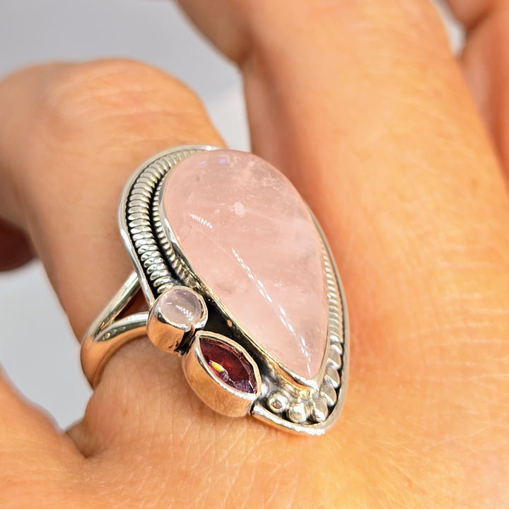 "LOVE Is The Answer" Sz 7.75 Ring -Rose Quartz, Garnet, Moonstone, Sterling