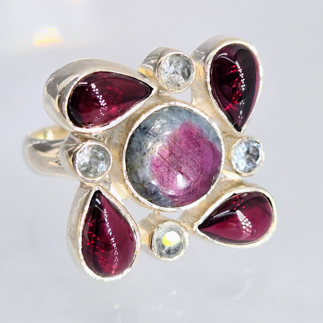"Ruby Dooby Doo" Sz 7.25 Ring - Ruby Fuchsite, Topaz, Rhodolite Garnet, Sterling