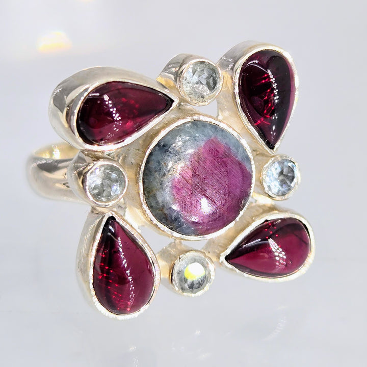"Ruby Dooby Doo" Sz 7.25 Ring - Ruby Fuchsite, Topaz, Rhodolite Garnet, Sterling