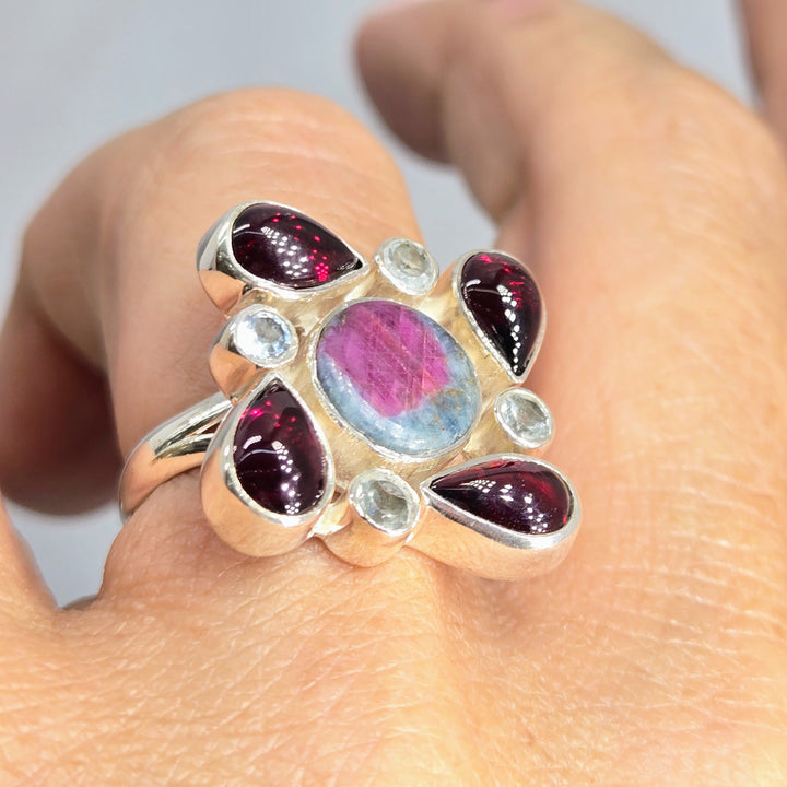"Ruby Dooby Doo" Sz 7.25 Ring - Ruby Fuchsite, Topaz, Rhodolite Garnet, Sterling