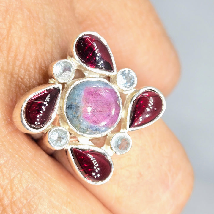 "Ruby Dooby Doo" Sz 7.25 Ring - Ruby Fuchsite, Topaz, Rhodolite Garnet, Sterling